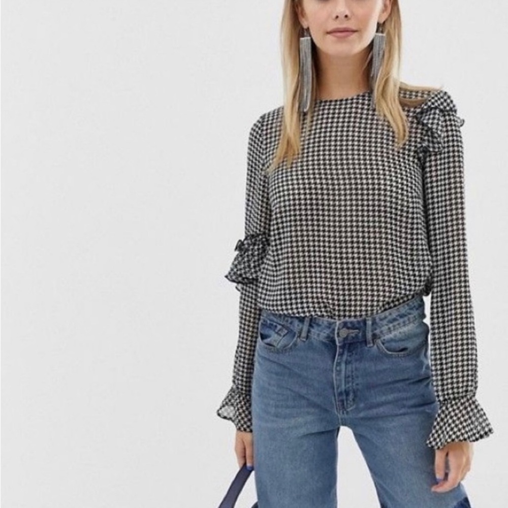 Reclaimed Vintage Ruffle Checkered Sheer Blouse